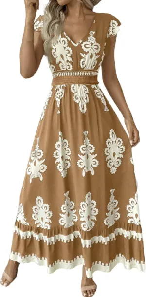 Maxi Dresses for Women 2025 Summer Boho Floral Cap Sleeve Wrap Dress Y2k Empire Waist V Neck Beach Vacation Sundress