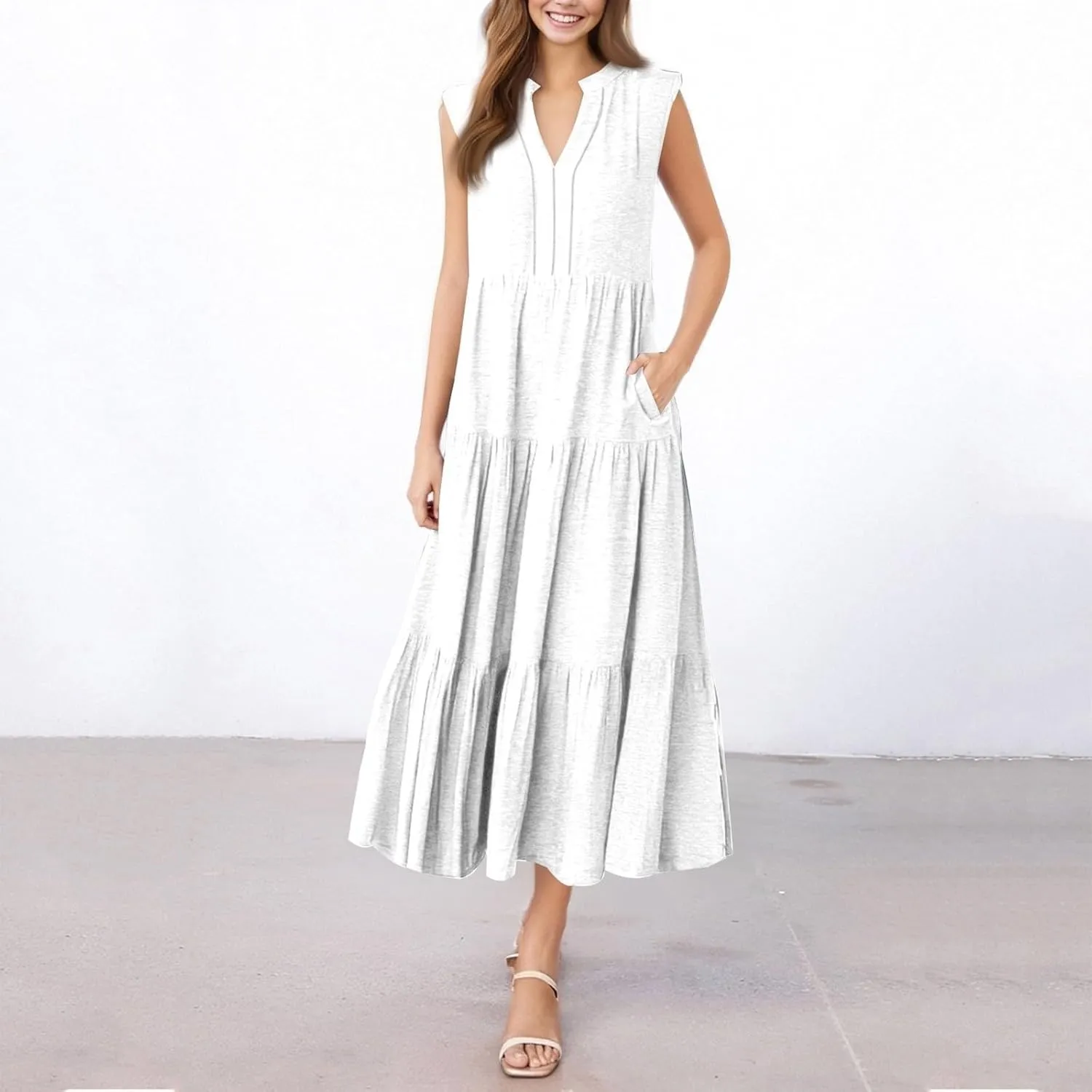 Maxi Dresses for Women 2025 Summer Casual Sleeveless V Neck Dress Trendy Flowy Tiered Beach Vacation Long Sundress