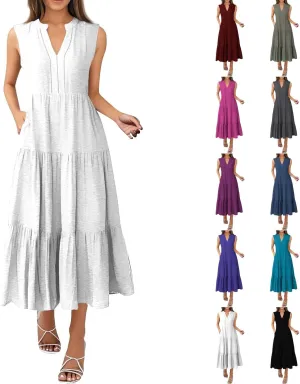 Maxi Dresses for Women 2025 Summer Casual Sleeveless V Neck Dress Trendy Flowy Tiered Beach Vacation Long Sundress