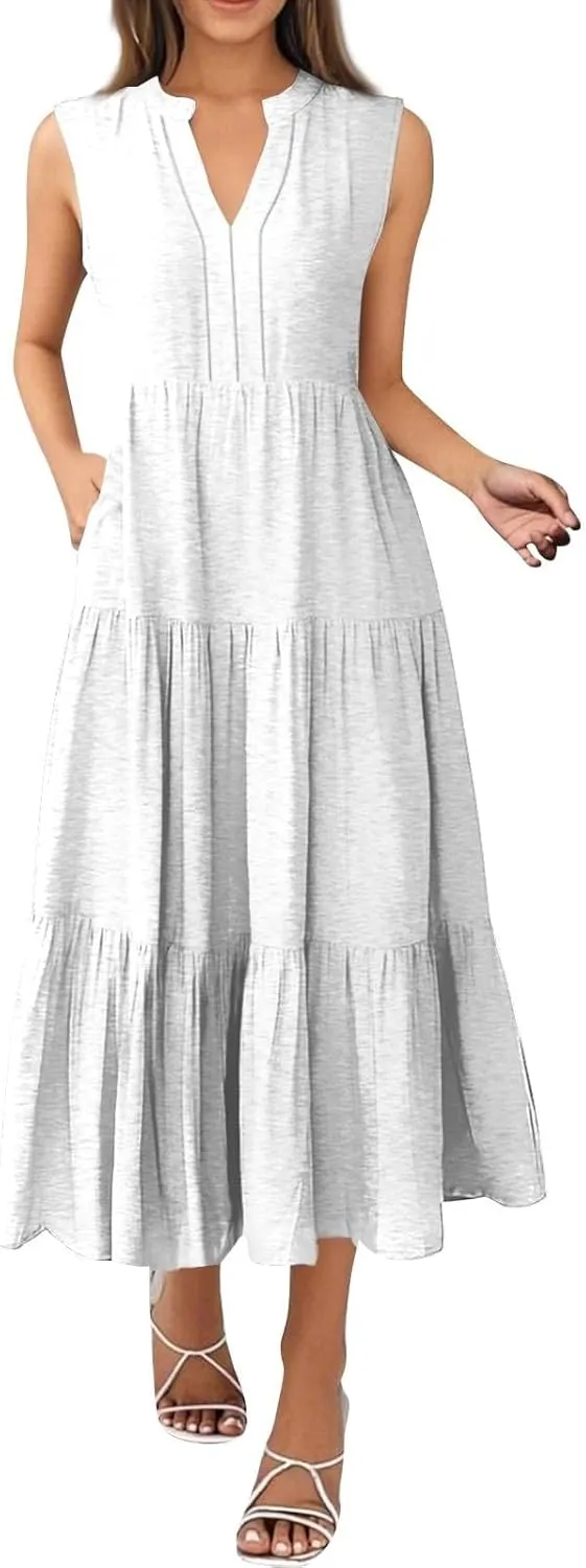 Maxi Dresses for Women 2025 Summer Casual Sleeveless V Neck Dress Trendy Flowy Tiered Beach Vacation Long Sundress