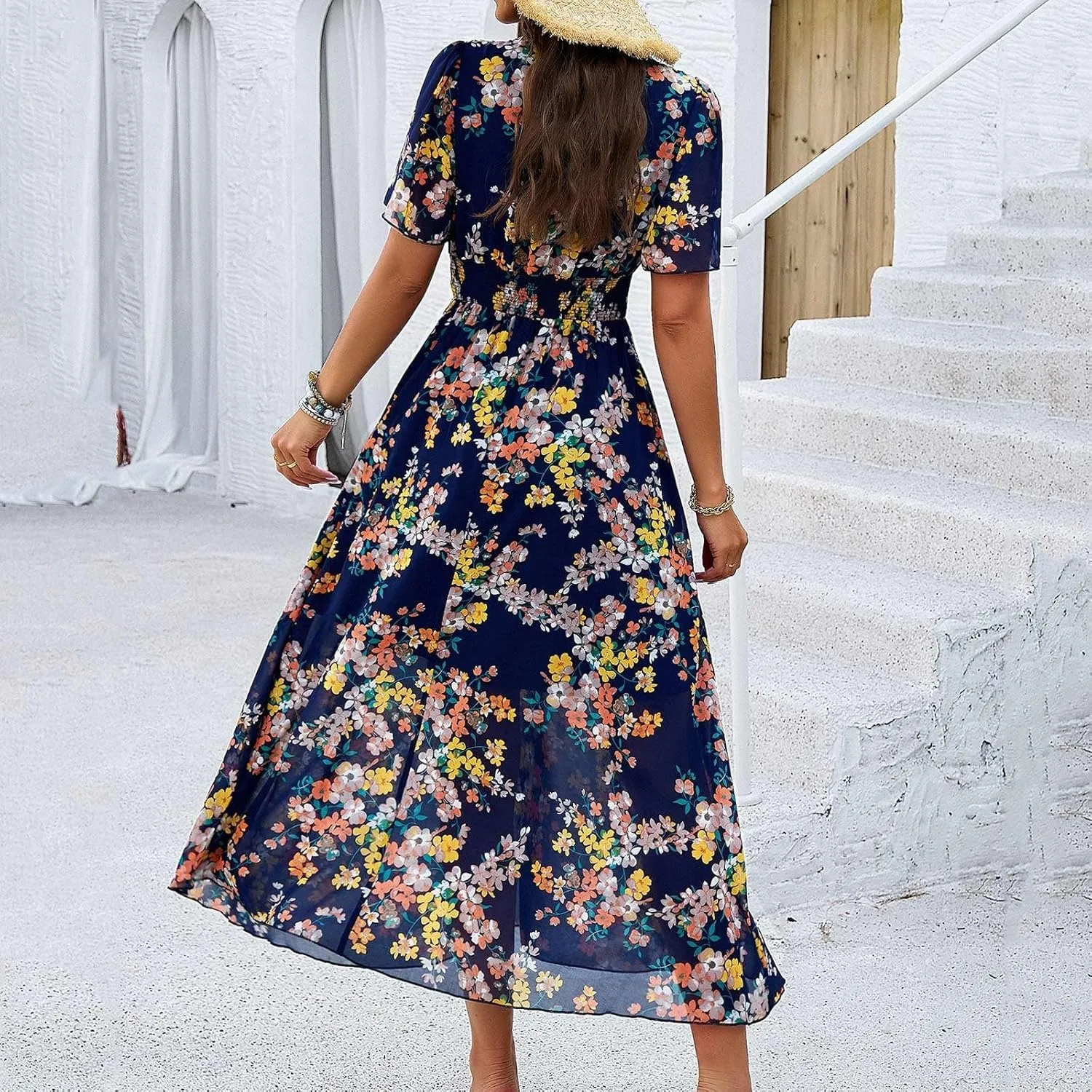 Maxi Dresses for Women 2025 Summer Floral V Neck Smocked Waist Wrap Dress Flowy Short Sleeve Casual Vacation Dresses