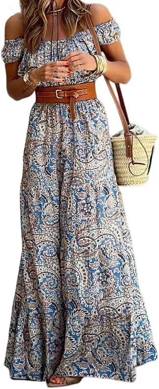 Melliflo Boho Maxi Dress for Women Off Shoulder High Waist Long Dress Summer Casual Loose Floral Vacation Sundress
