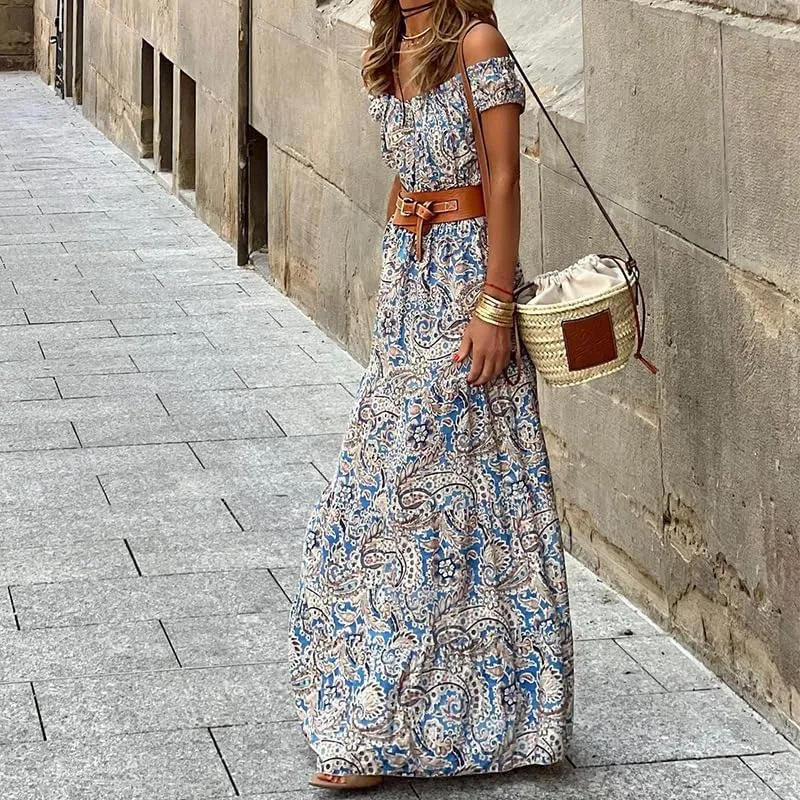 Melliflo Boho Maxi Dress for Women Off Shoulder High Waist Long Dress Summer Casual Loose Floral Vacation Sundress