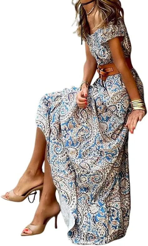 Melliflo Boho Maxi Dress for Women Off Shoulder High Waist Long Dress Summer Casual Loose Floral Vacation Sundress