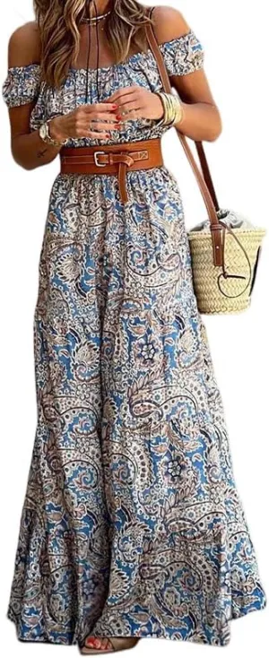 Melliflo Boho Maxi Dress for Women Off Shoulder High Waist Long Dress Summer Casual Loose Floral Vacation Sundress