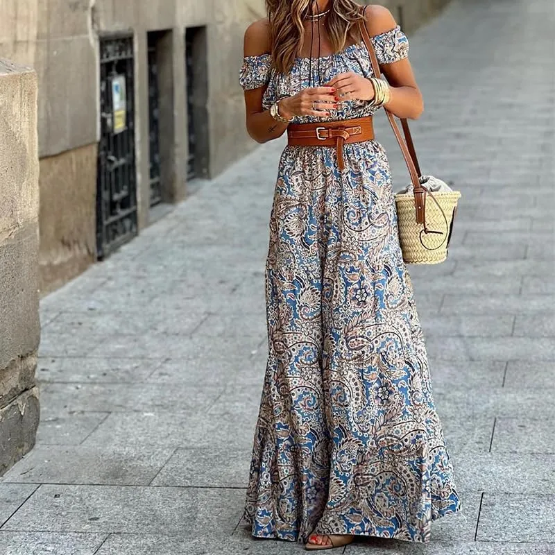 Melliflo Boho Maxi Dress for Women Off Shoulder High Waist Long Dress Summer Casual Loose Floral Vacation Sundress