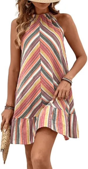 Melliflo Women's Summer Color Block Striped Print Halter Neck Mini Dresses Casual Sleeveless Ruffle Flowy Hem Beach Sundress