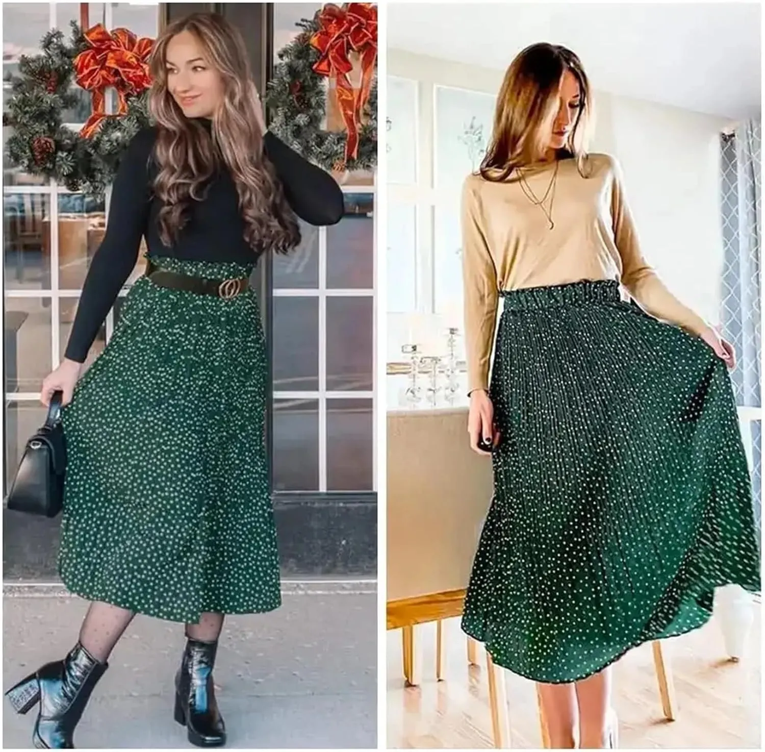 Midi Pleated Skirts for Women Polka Dot Swing High Waist Maxi Skirt with Pockets Dresses