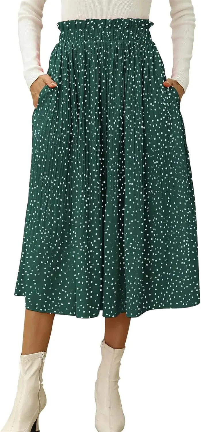 Midi Pleated Skirts for Women Polka Dot Swing High Waist Maxi Skirt with Pockets Dresses