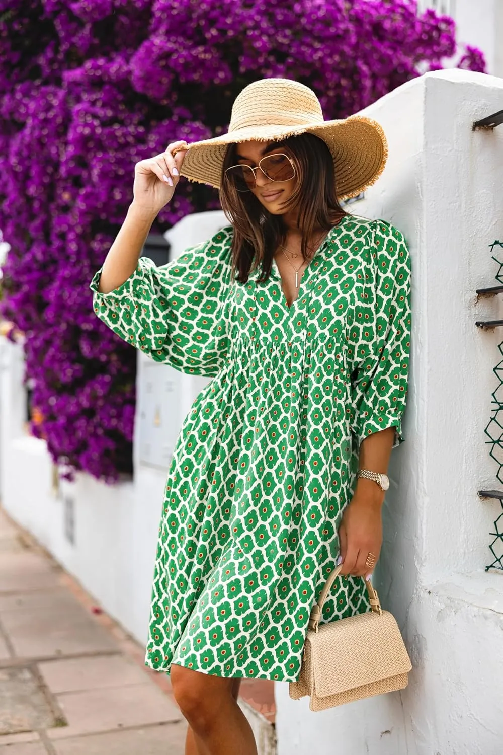 miduo Womens Casual V Neck Summer Half Sleeve Bohemian Floral Mini Tunic Short Dresses