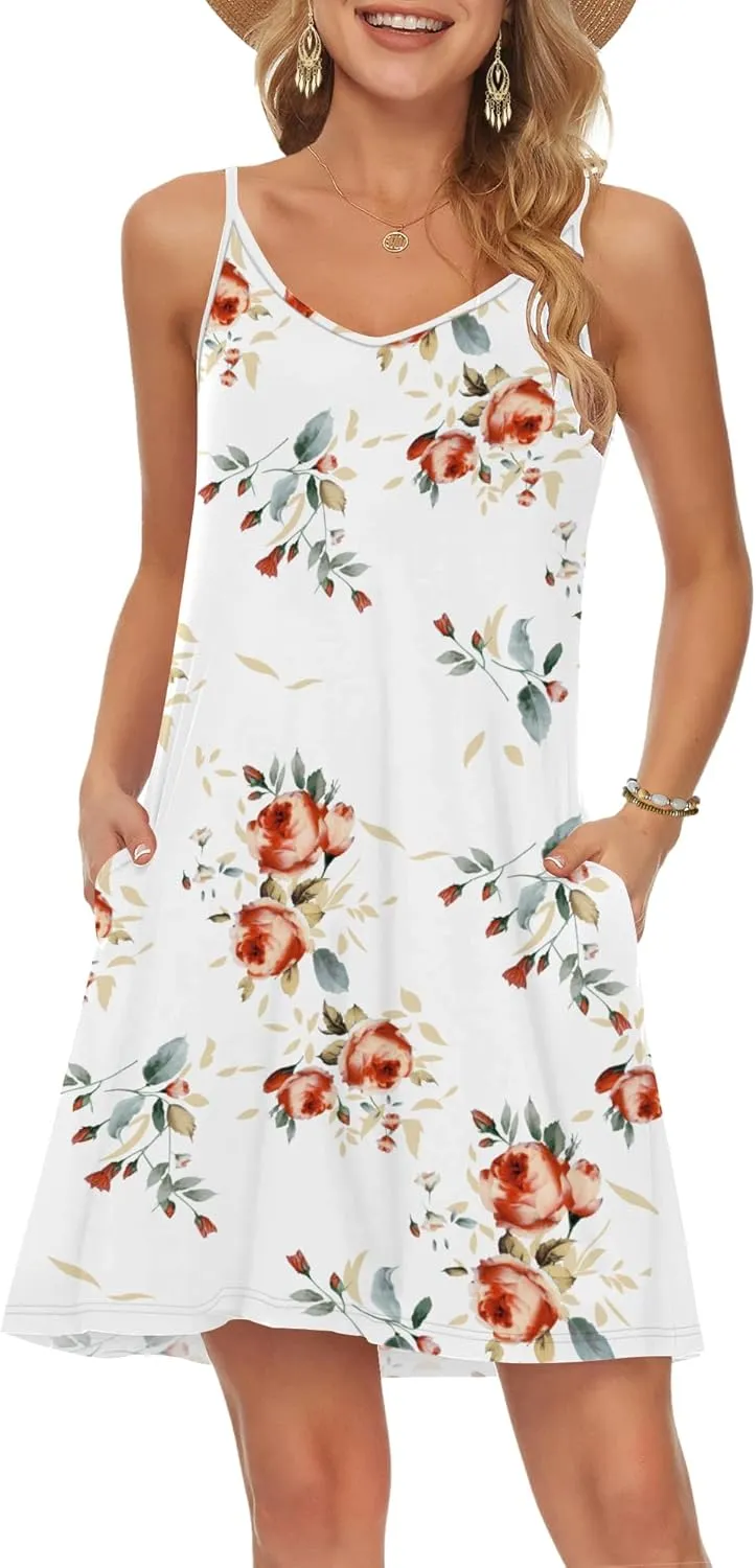 MISFAY Women's Summer Spaghetti Strap Casual Swing Tank Beach Cover Up Dress(Rose White,3XL)