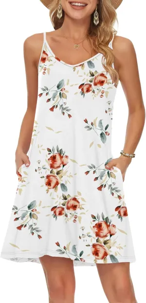 MISFAY Women's Summer Spaghetti Strap Casual Swing Tank Beach Cover Up Dress(Rose White,3XL)