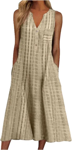 Mzkdieey Women's Summer Striped Print Button Down V Neck Maxi Dresses Sleeveless Loose Tank Dress Beach Vacation Sundress