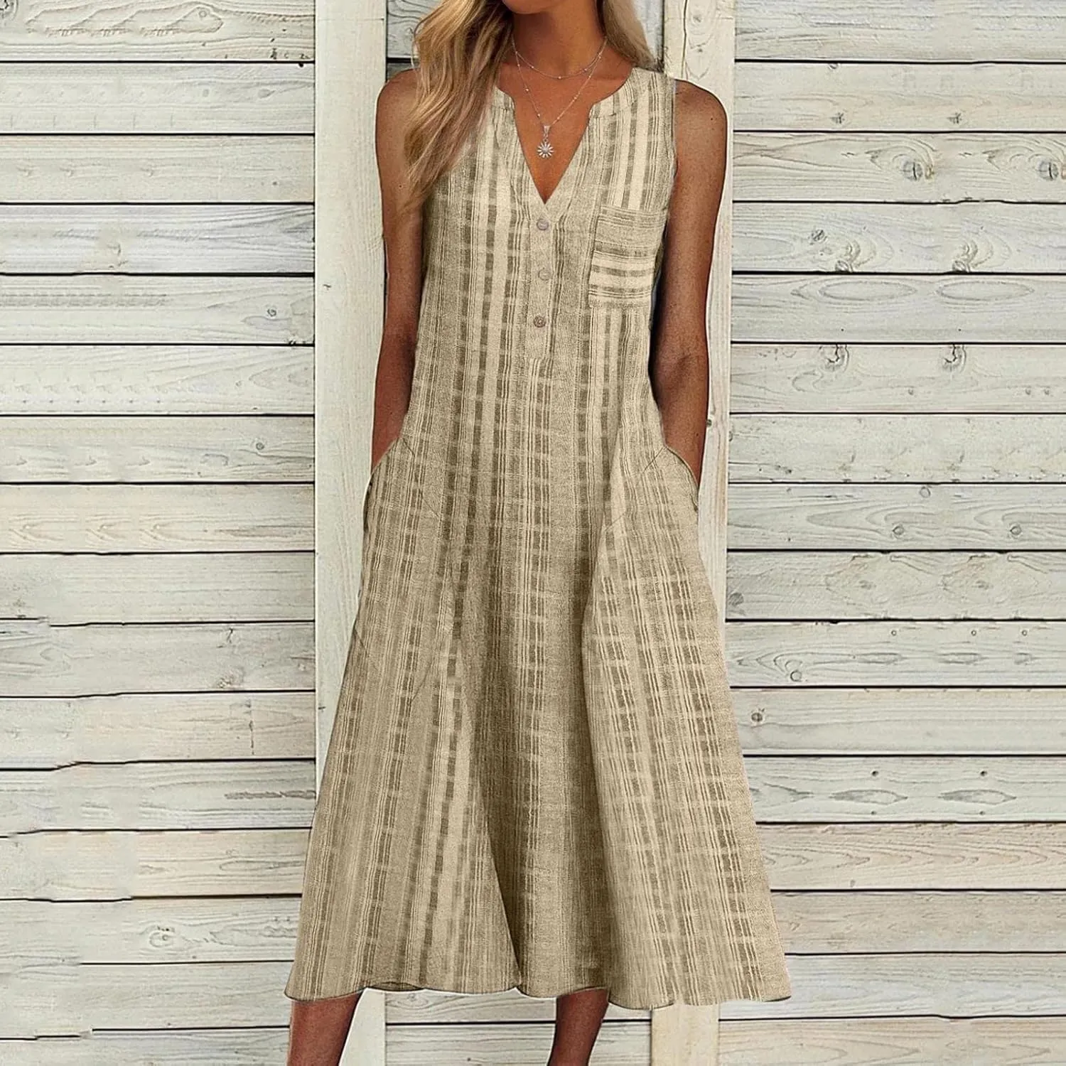 Mzkdieey Women's Summer Striped Print Button Down V Neck Maxi Dresses Sleeveless Loose Tank Dress Beach Vacation Sundress