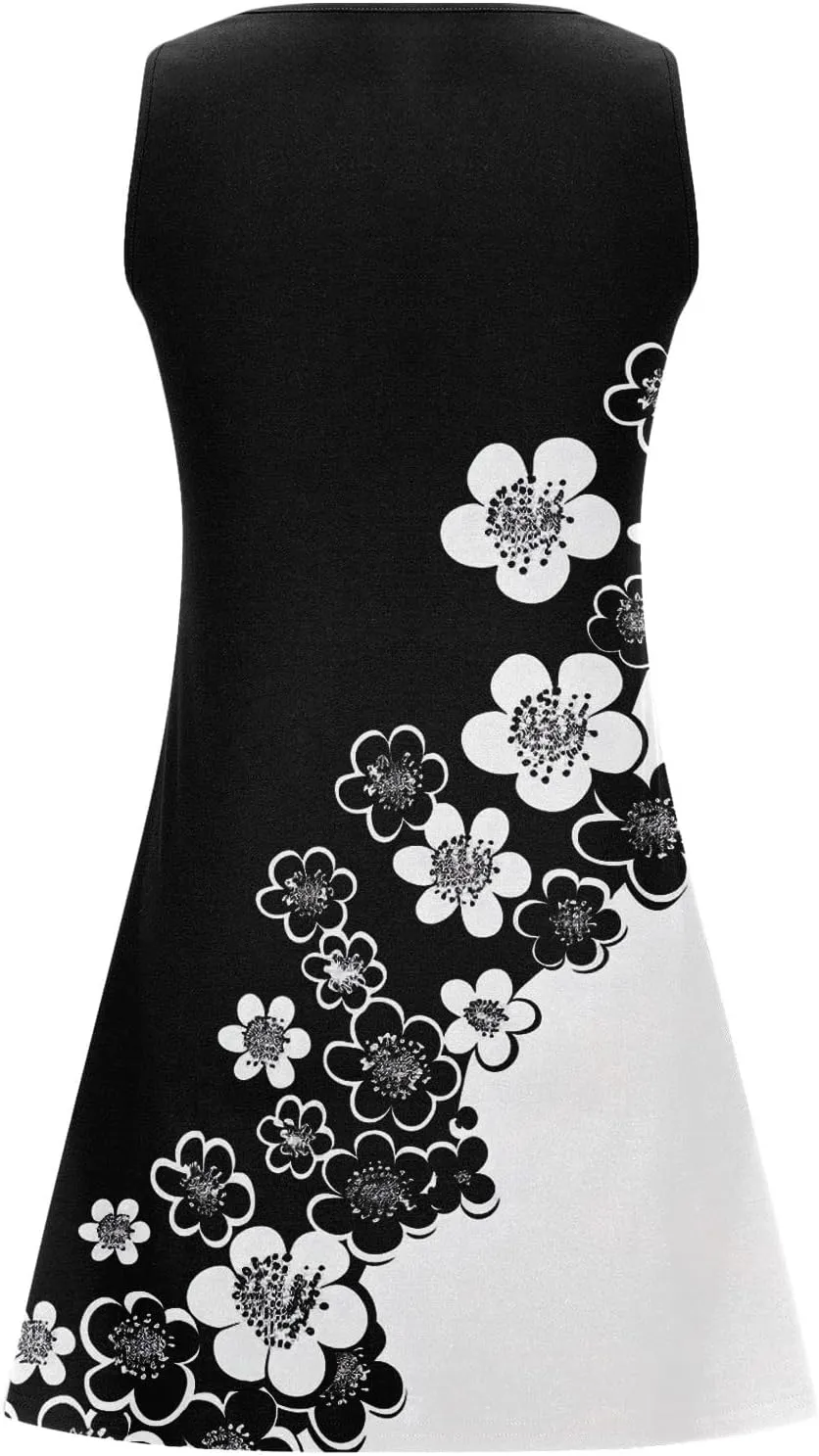 NaRHbrg Women's Boho Print Sleeveless Dress V Neck Casual Loose Fit Summer Beach Sundress Lightweight Dresses