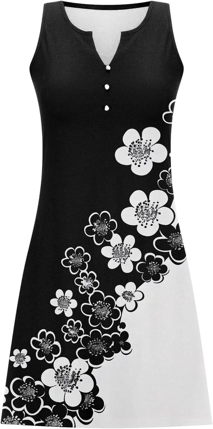 NaRHbrg Women's Boho Print Sleeveless Dress V Neck Casual Loose Fit Summer Beach Sundress Lightweight Dresses