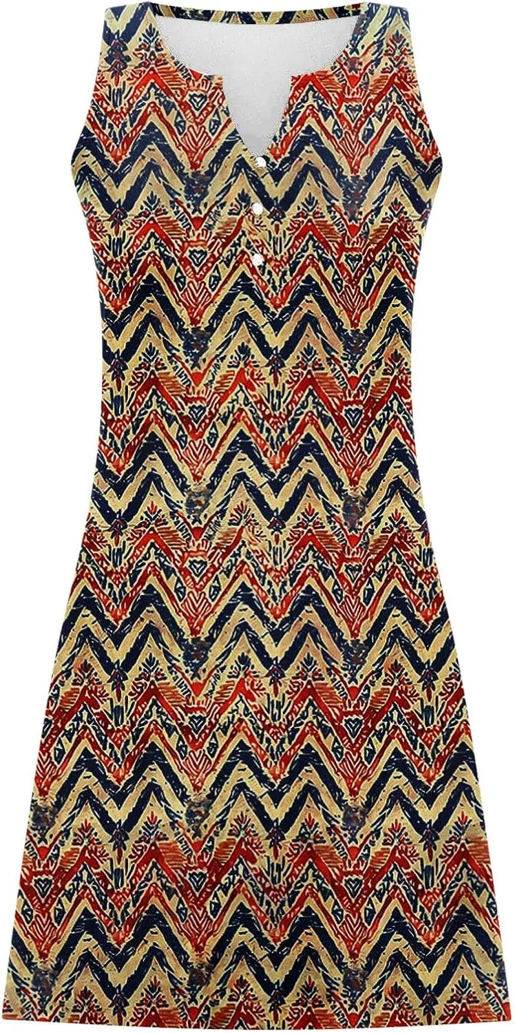 NaRHbrg Women's Boho Print Sleeveless Dress V Neck Casual Loose Fit Summer Beach Sundress Lightweight Dresses