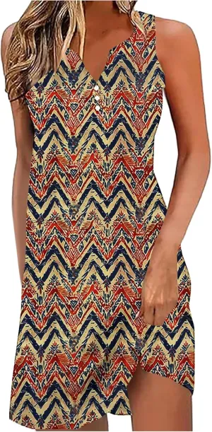 NaRHbrg Women's Boho Print Sleeveless Dress V Neck Casual Loose Fit Summer Beach Sundress Lightweight Dresses