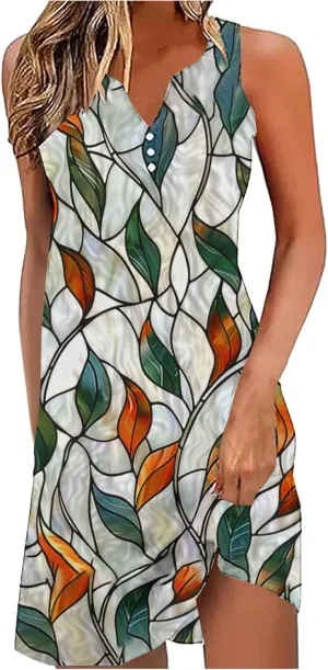 NaRHbrg Women's Boho Print Sleeveless Dress V Neck Casual Loose Fit Summer Beach Sundress Lightweight Dresses