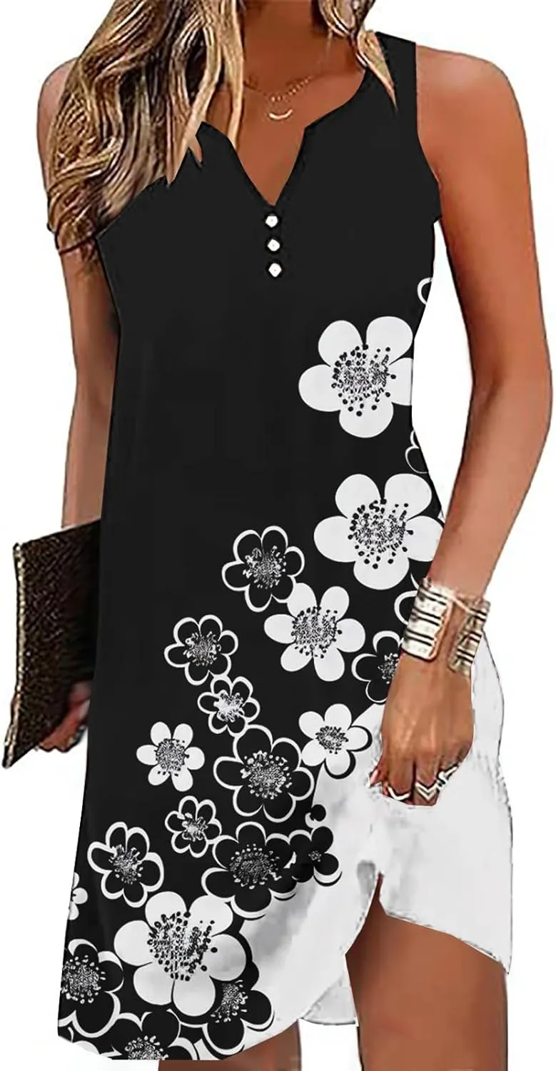 NaRHbrg Women's Boho Print Sleeveless Dress V Neck Casual Loose Fit Summer Beach Sundress Lightweight Dresses