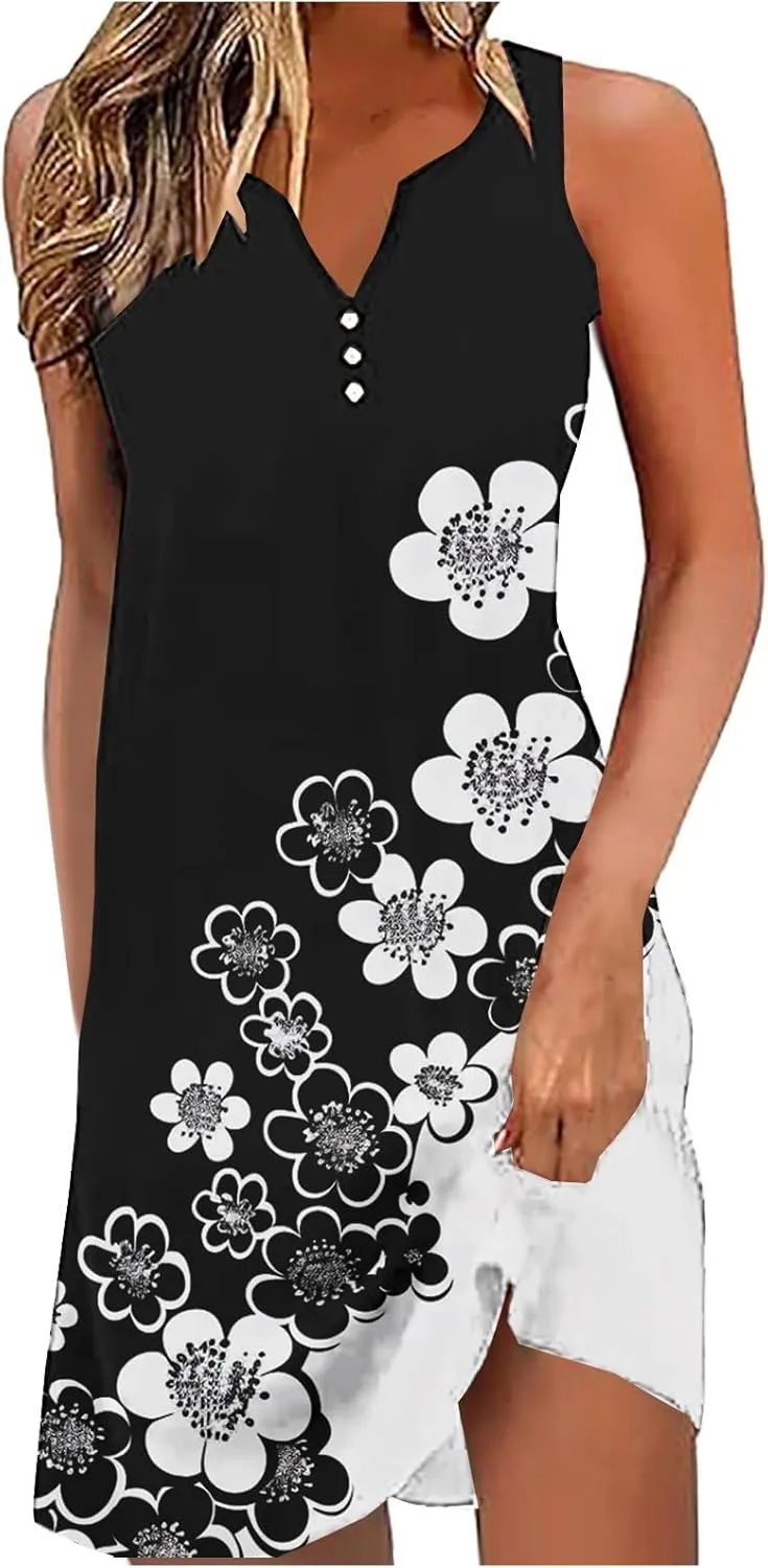 NaRHbrg Women's Boho Print Sleeveless Dress V Neck Casual Loose Fit Summer Beach Sundress Lightweight Dresses