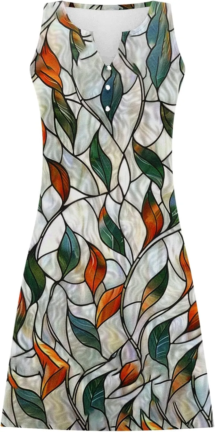 NaRHbrg Women's Boho Print Sleeveless Dress V Neck Casual Loose Fit Summer Beach Sundress Lightweight Dresses