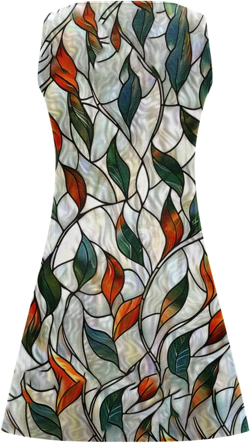 NaRHbrg Women's Boho Print Sleeveless Dress V Neck Casual Loose Fit Summer Beach Sundress Lightweight Dresses