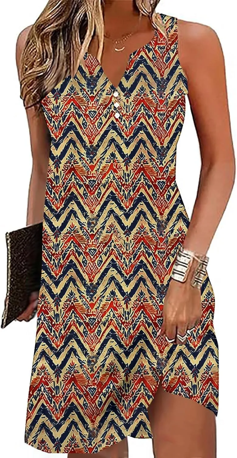 NaRHbrg Women's Boho Print Sleeveless Dress V Neck Casual Loose Fit Summer Beach Sundress Lightweight Dresses