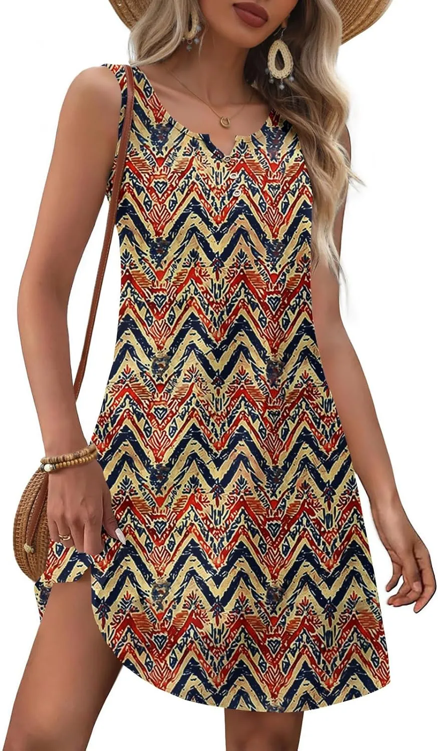 NaRHbrg Women's Boho Print Sleeveless Dress V Neck Casual Loose Fit Summer Beach Sundress Lightweight Dresses
