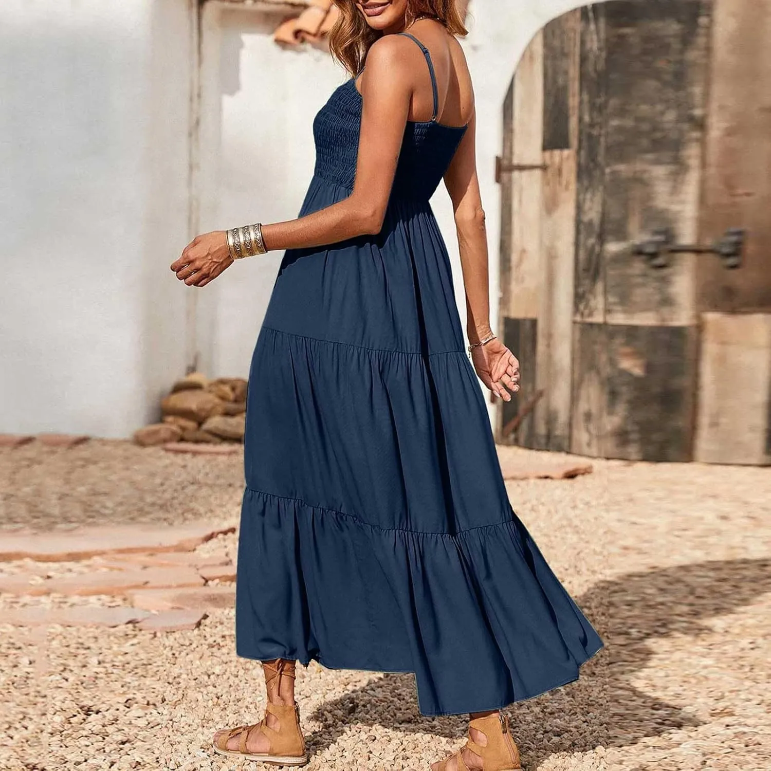 NaRHbrg Women's Boho Smocked Maxi Dress Sleeveless Tiered Flowy Sundress Casual Summer Beach Dress Lightweight Elegant Outfit