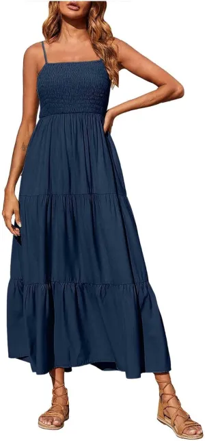 NaRHbrg Women's Boho Smocked Maxi Dress Sleeveless Tiered Flowy Sundress Casual Summer Beach Dress Lightweight Elegant Outfit