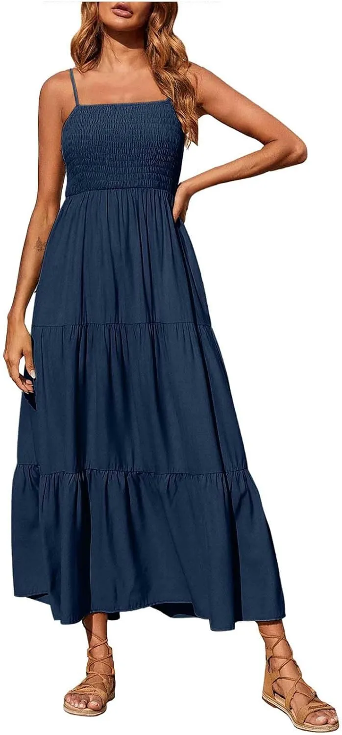 NaRHbrg Women's Boho Smocked Maxi Dress Sleeveless Tiered Flowy Sundress Casual Summer Beach Dress Lightweight Elegant Outfit