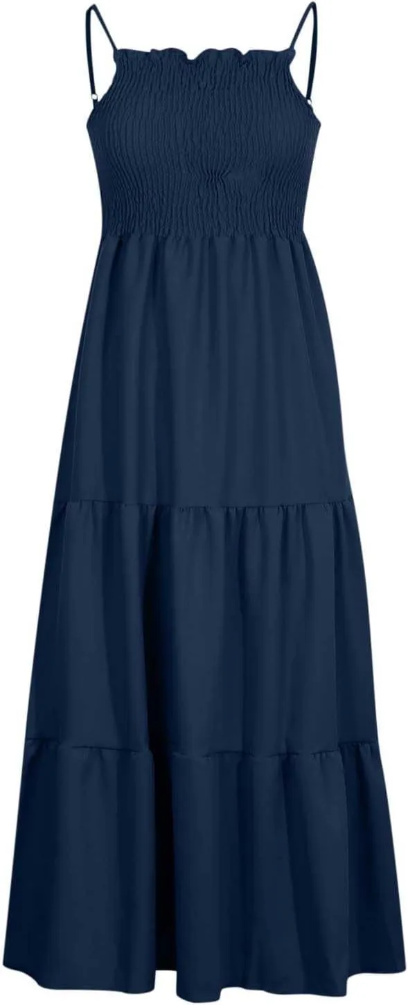 NaRHbrg Women's Boho Smocked Maxi Dress Sleeveless Tiered Flowy Sundress Casual Summer Beach Dress Lightweight Elegant Outfit