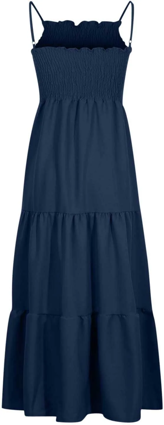NaRHbrg Women's Boho Smocked Maxi Dress Sleeveless Tiered Flowy Sundress Casual Summer Beach Dress Lightweight Elegant Outfit