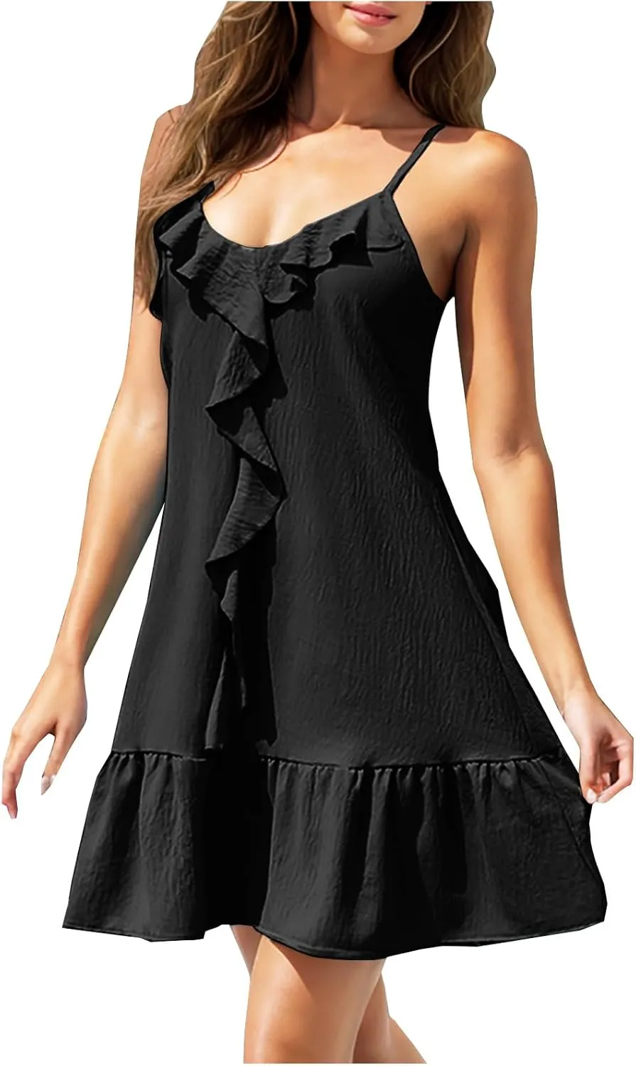 NaRHbrg Women's Ruffle Mini Dress Spaghetti Strap Flowy Loose Fit Summer Beach Sundress Lightweight Vacation Dresses
