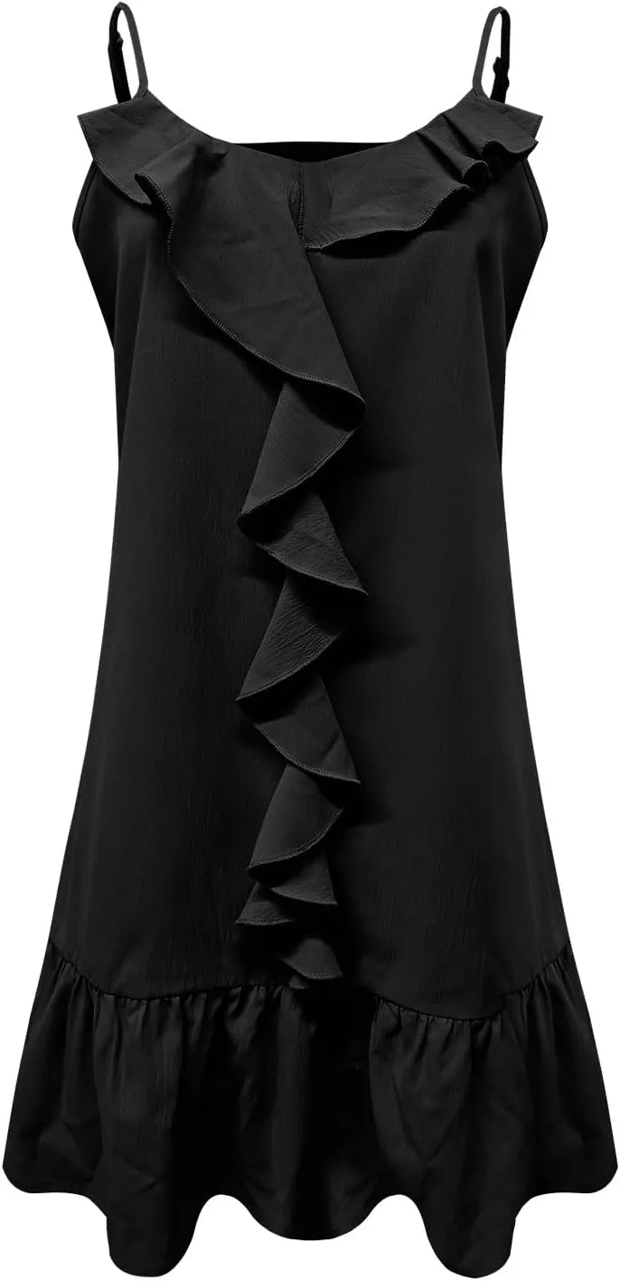 NaRHbrg Women's Ruffle Mini Dress Spaghetti Strap Flowy Loose Fit Summer Beach Sundress Lightweight Vacation Dresses