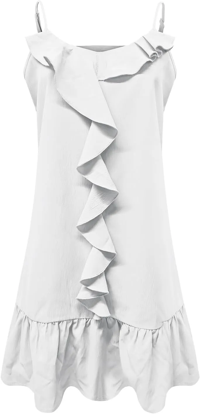NaRHbrg Women's Ruffle Mini Dress Spaghetti Strap Flowy Loose Fit Summer Beach Sundress Lightweight Vacation Dresses