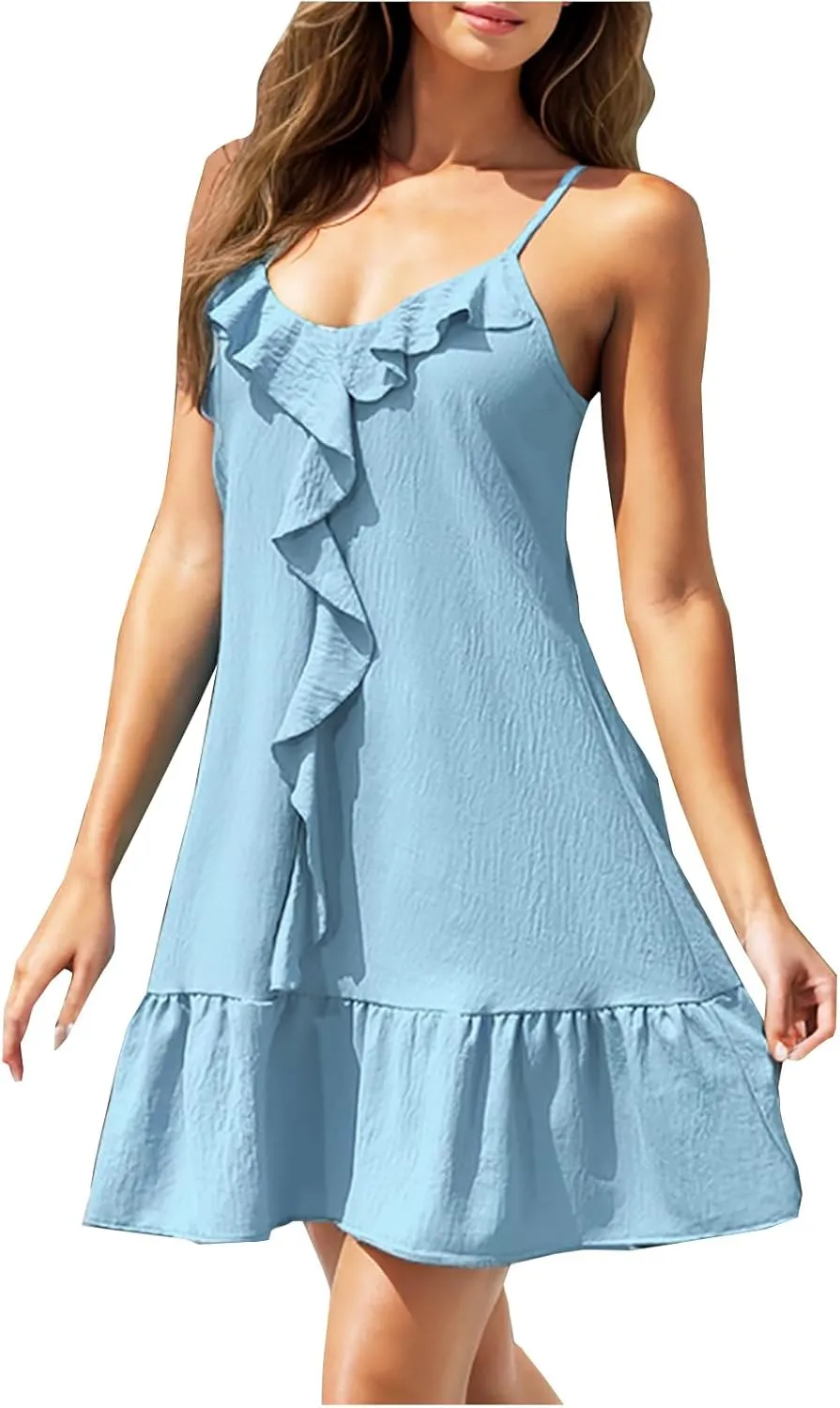 NaRHbrg Women's Ruffle Mini Dress Spaghetti Strap Flowy Loose Fit Summer Beach Sundress Lightweight Vacation Dresses