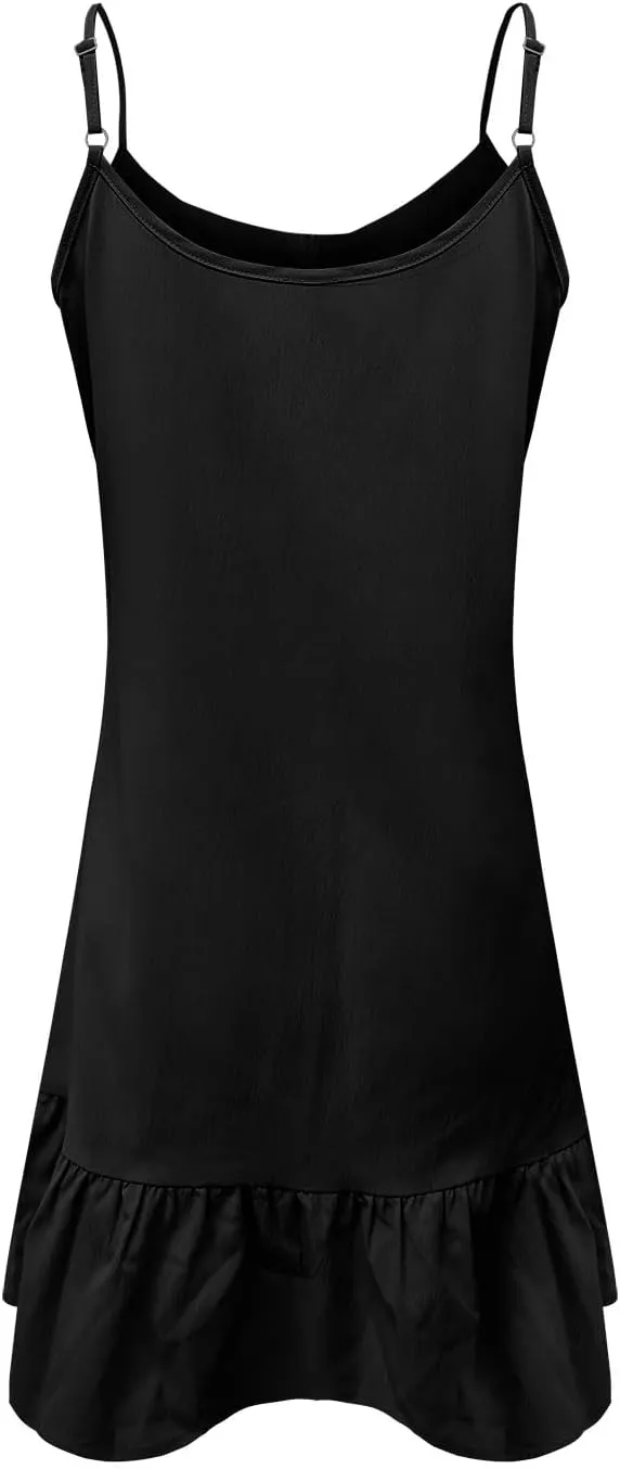 NaRHbrg Women's Ruffle Mini Dress Spaghetti Strap Flowy Loose Fit Summer Beach Sundress Lightweight Vacation Dresses
