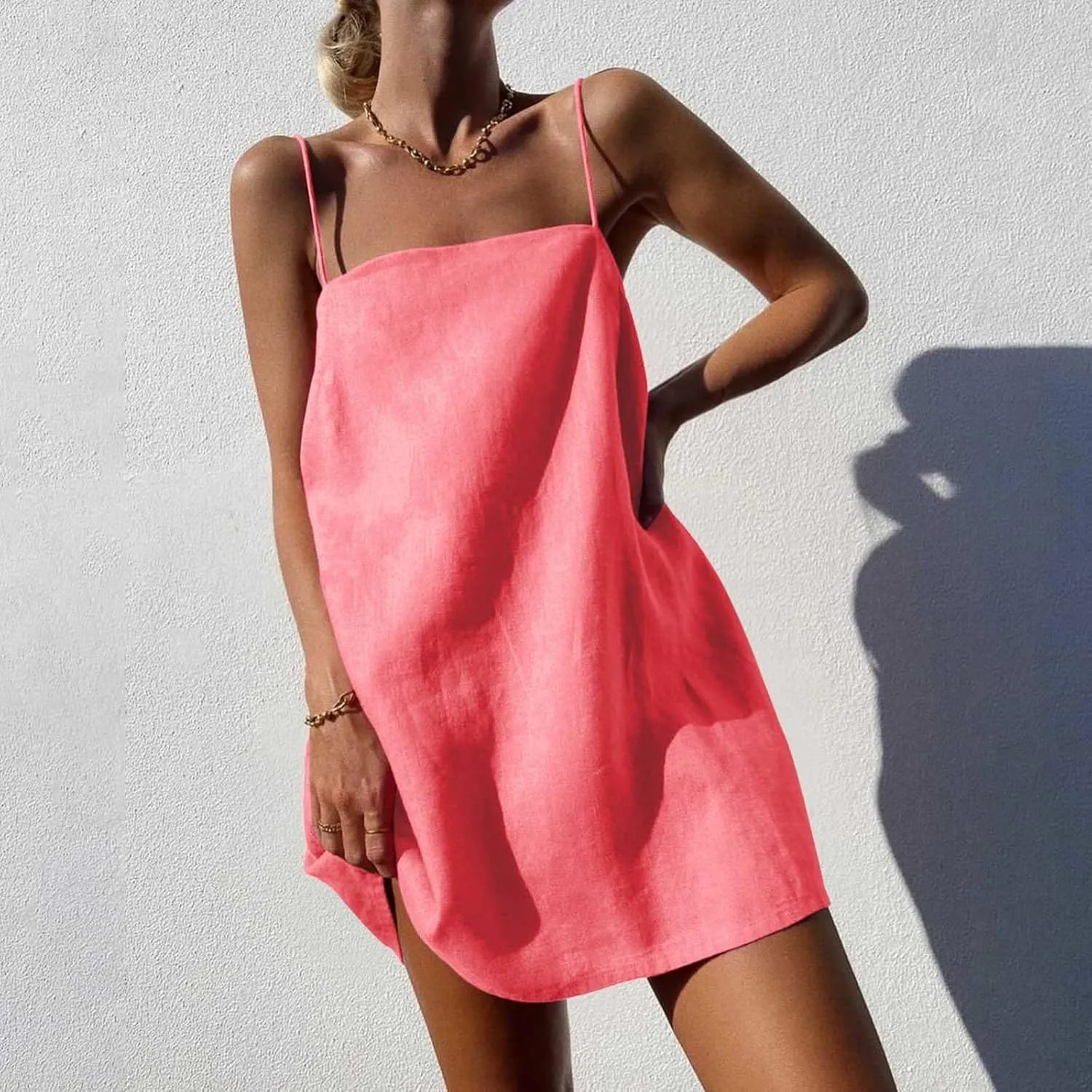 NaRHbrg Womens Spaghetti Strap Mini Dress Casual Loose Slip Sundress Sleeveless Summer Beach Dresses Lightweight Tunic