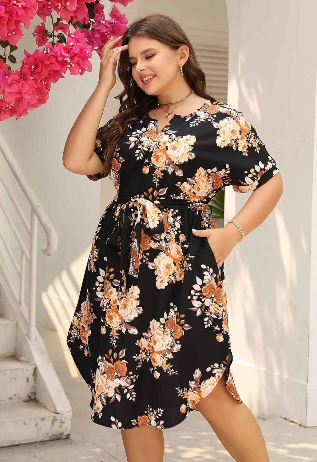 Nemidor Womens Casual Plus Size Summer Boho Floral Print Swing Midi Dress with Pockets NEM306