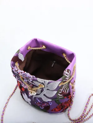 New Chinese style bucket bag Women's new heavy craft mesh embroidery flower sequin chain crossbody bag.