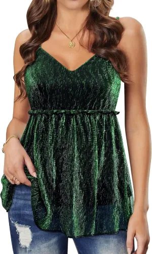 Nlife Women Sexy Sparkly Peplum Tops Sequin Party V Neck Cami Glitter Shimmering Camisole Club Outfits