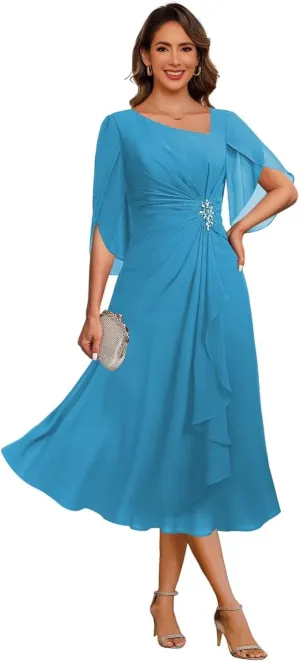 Noras dress Appliques Mother of Bride Dresses for Wedding Ruffle Cap Sleeves Tea Length Formal Evening Party Gowns B096