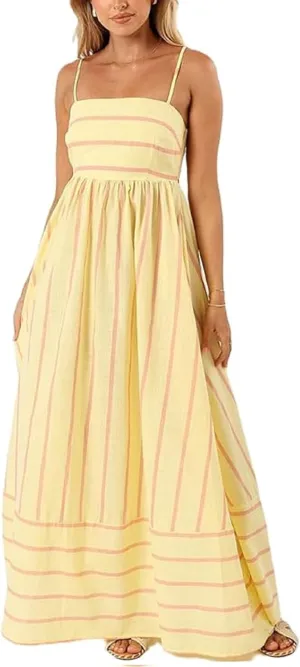 NUFIWI Women Striped Swing Maxi Dress Spaghetti Strap Backless Smocked Midi Long Dress Boho Flowy Beach Sundress