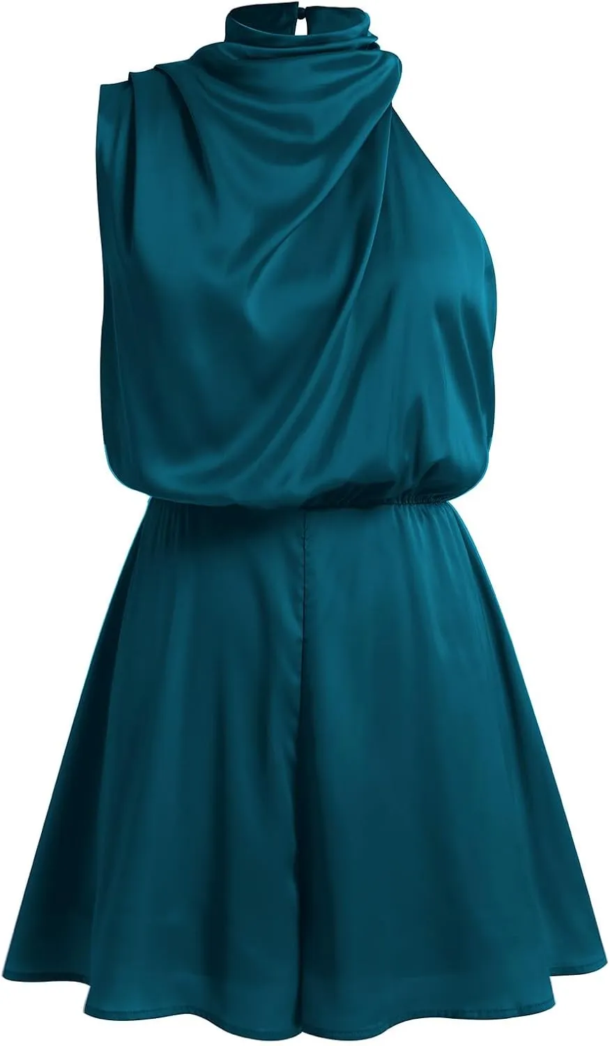 ODIZLI Women Mock Neck Satin Dresses Tie Waist Cocktail Dress Elegant Sleeveless Summer Dresses Above Knee Length