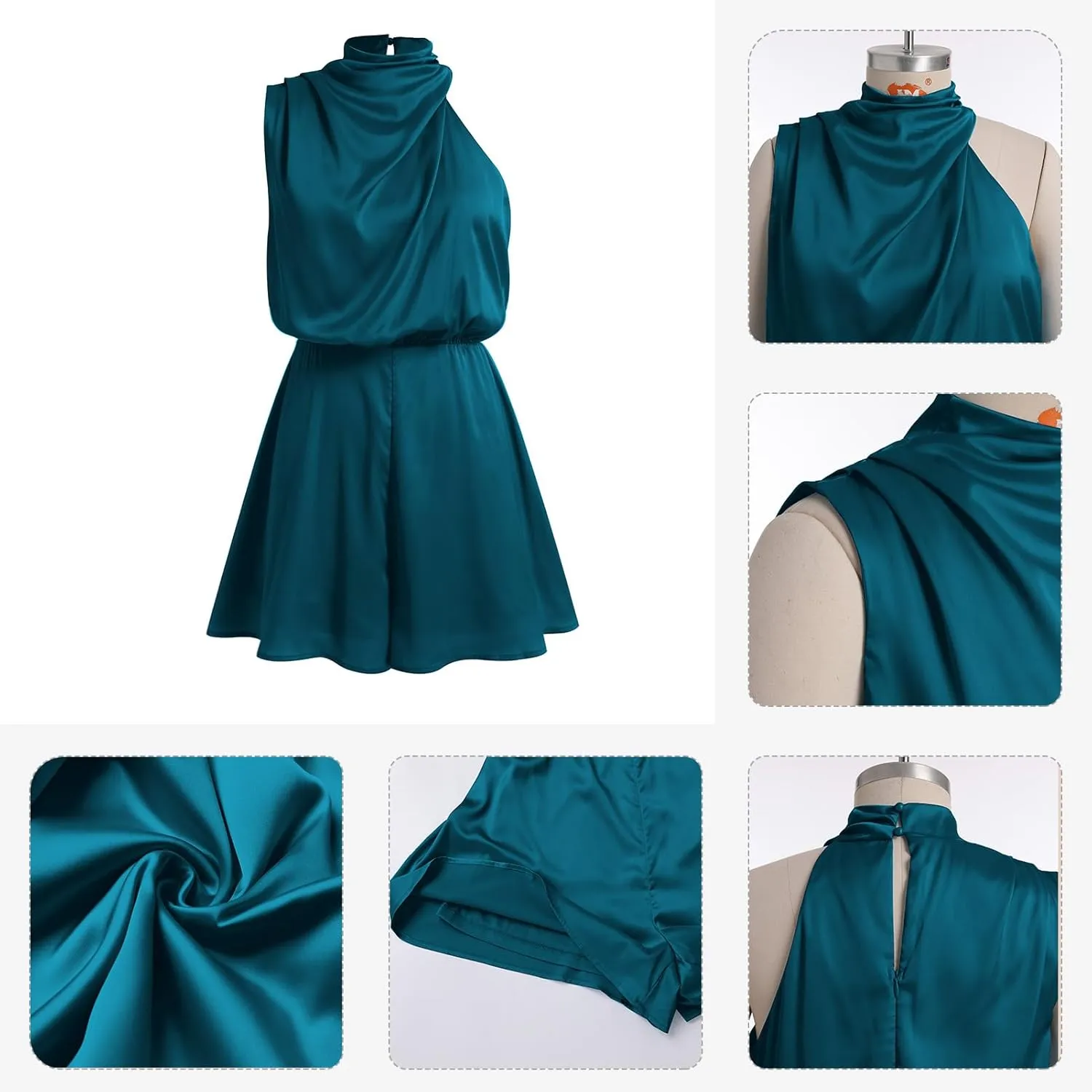 ODIZLI Women Mock Neck Satin Dresses Tie Waist Cocktail Dress Elegant Sleeveless Summer Dresses Above Knee Length