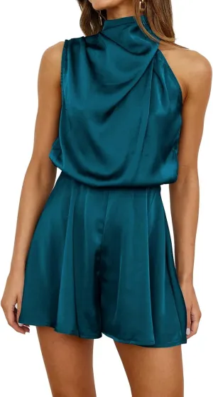 ODIZLI Women Mock Neck Satin Dresses Tie Waist Cocktail Dress Elegant Sleeveless Summer Dresses Above Knee Length