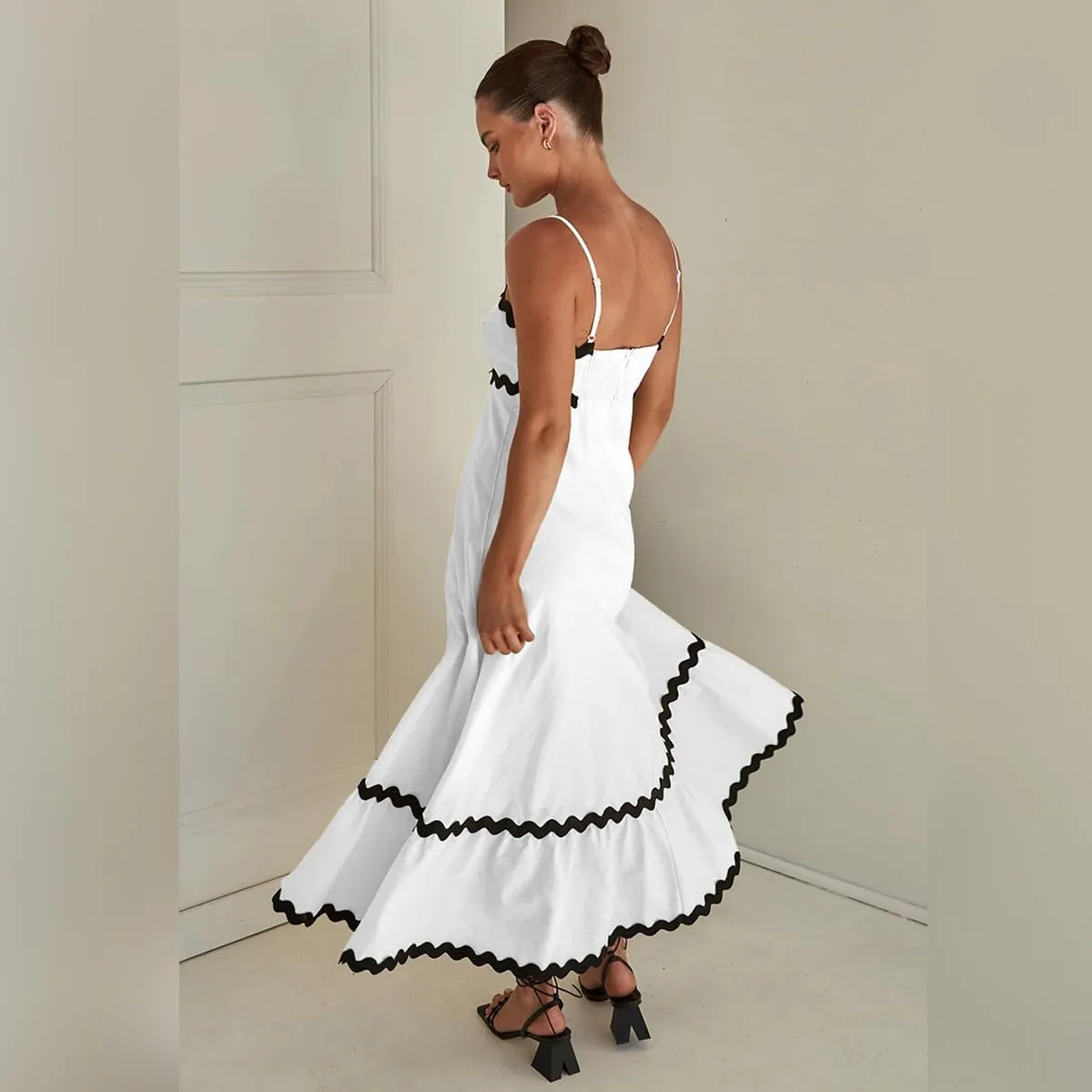 ODIZLI Women Spaghetti Straps Sleeveless Smocked Sundresses Long Flowy A-Line Midi Dress Summer