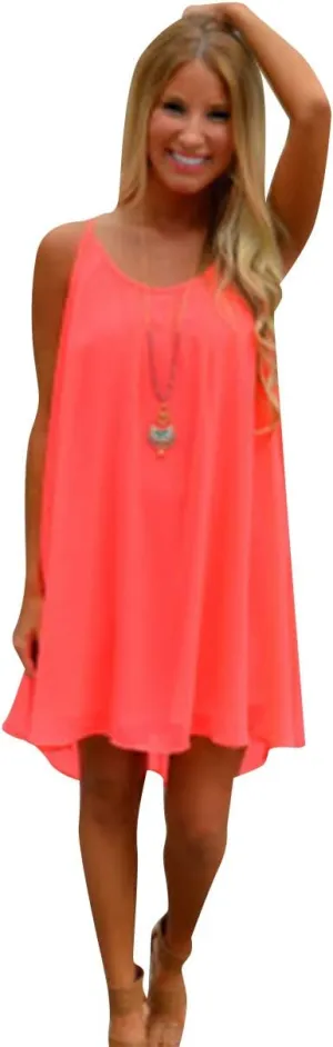 OMZIN Women Summer Halter Sundress Sleeveless Spaghetti Strap Chiffon Loose Swing Dress Cover up